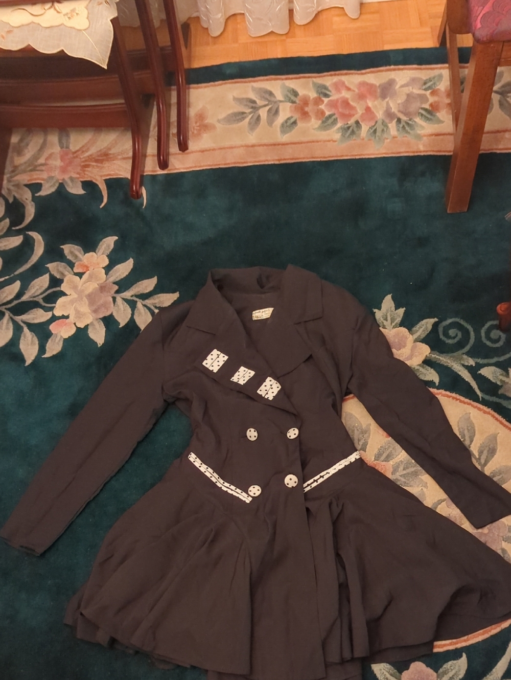 Black Dress Polka Dot Button Trench Coat Style Full Swing Skirt Vintage